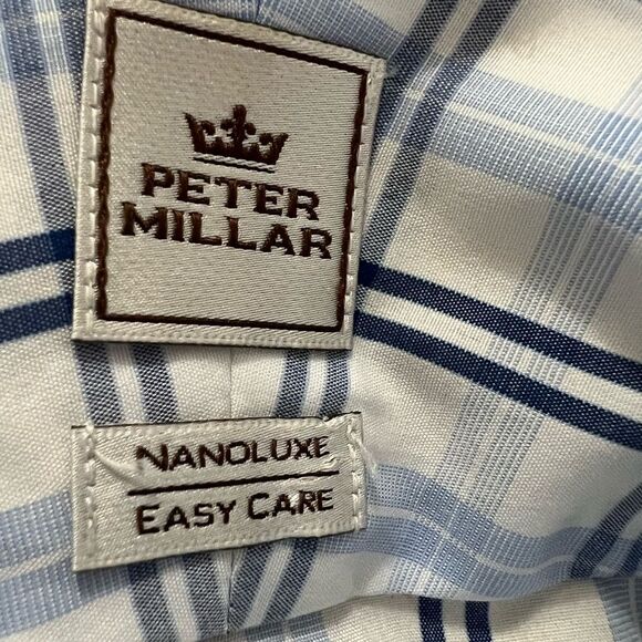 Peter Millar nanoluxe white blue checkered print long sleeve button up shirt 16L - Picture 4 of 6